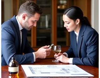 Conseiller discutant avec un client sur des échantillons de tissu dans un cadre luxueux.