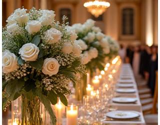 Réception de mariage élégante avec des tables ornées de fleurs et de bougies.