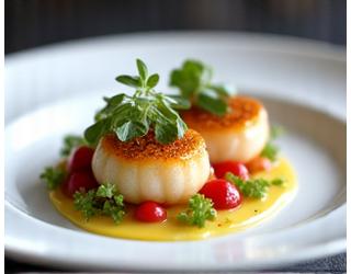 Plat gastronomique délicatement dressé avec des ingrédients frais et colorés.